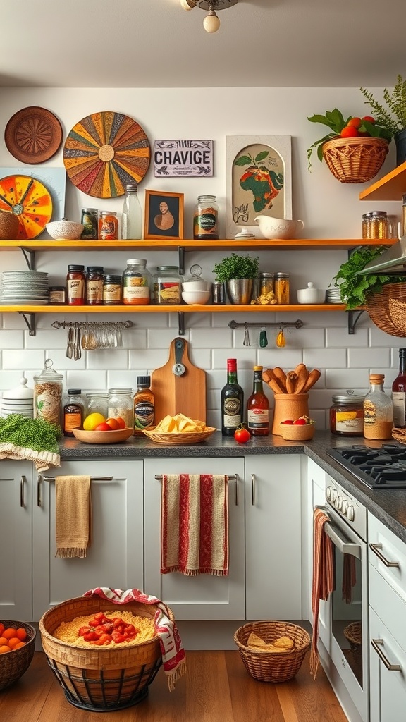 A vibrant kitchen displaying a variety of global culinary elements, with colorful wall decor, spices, and fresh produce.