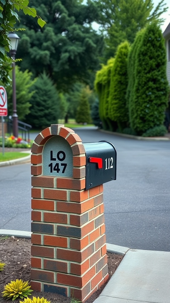 Curved brick mailbox design with red and gray bricks and a black mailbox