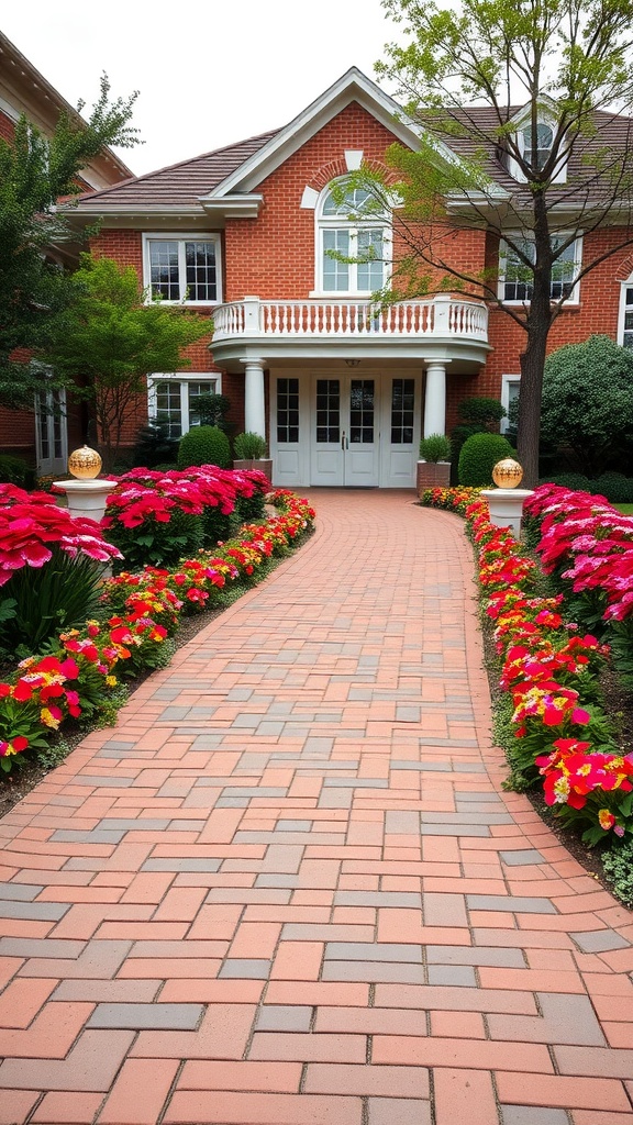 Curved brick walkway leading to a house, surrounded by flower beds