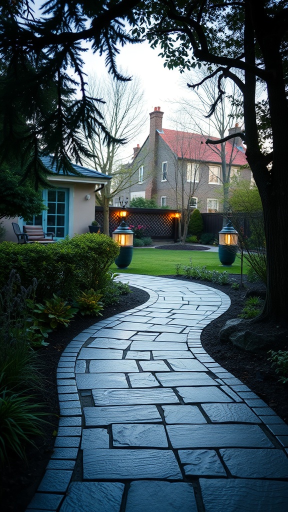 A curved slate walkway surrounded by greenery and lanterns leading to a well-maintained garden.