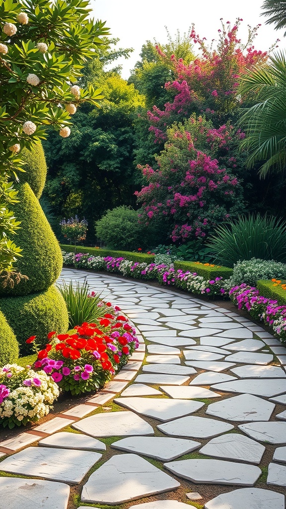 A curved stone pathway surrounded by colorful flowers and lush greenery.