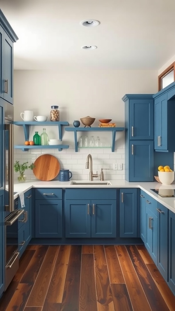 A modern kitchen featuring custom blue cabinetry with open shelving, a white countertop, and wooden flooring.