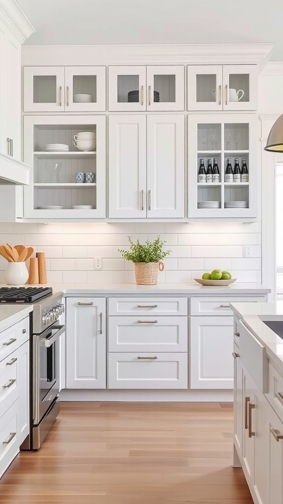 Bright beach house kitchen featuring custom built-ins with white cabinetry and glass-front cabinets.