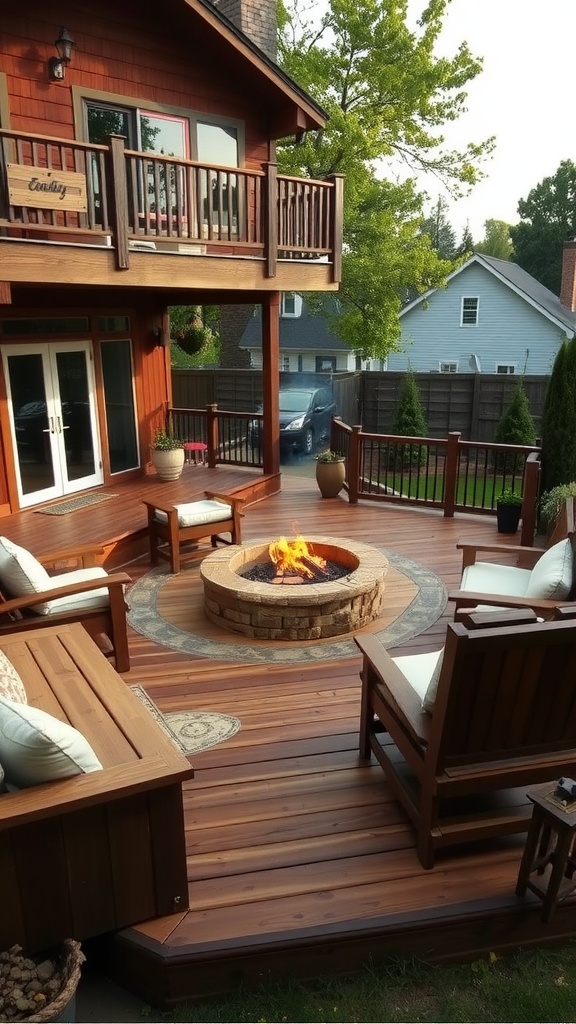 Custom built wooden deck seats surrounding a fire pit on a wooden deck.