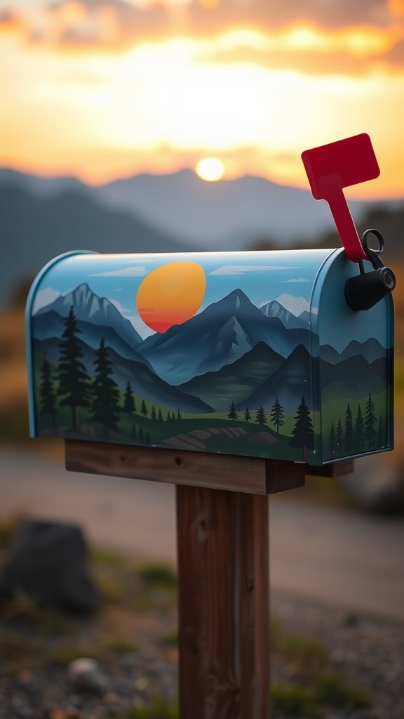 A custom-painted mailbox featuring a landscape with mountains and a sunset.