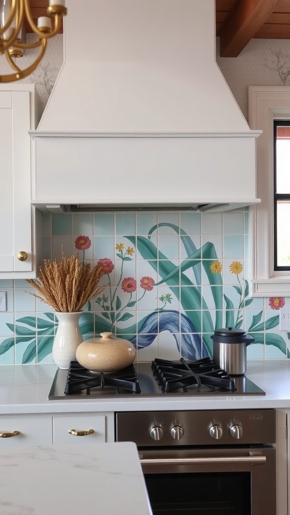 Custom painted tile backsplash in a kitchen with colorful floral designs