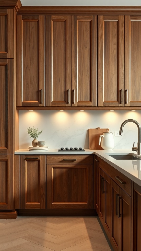 A beautifully designed kitchen featuring custom wooden cabinets with warm tones and modern fixtures.