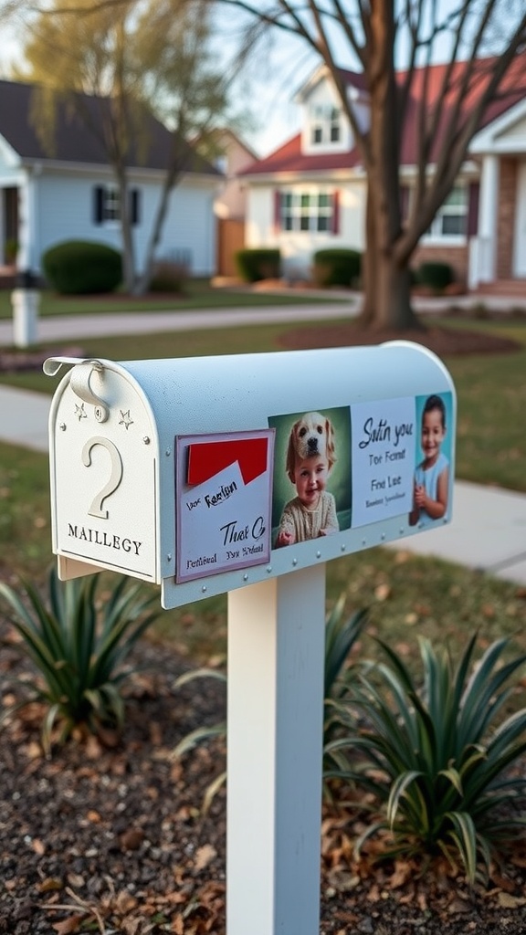 A decorative mailbox with customizable magnetic covers displaying family photos and a dog