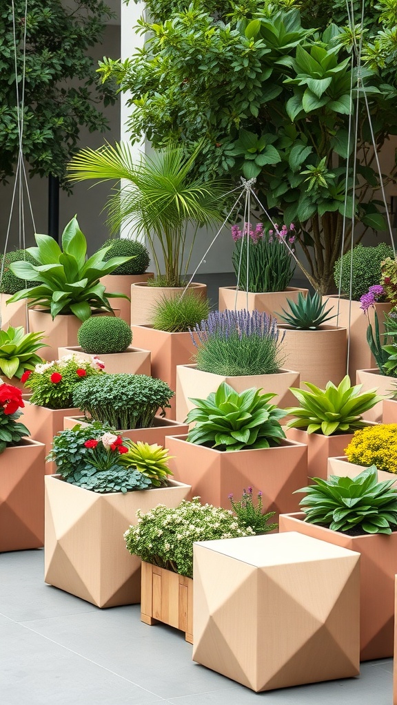 An array of customizable modular planters in geometric shapes filled with various colorful plants.