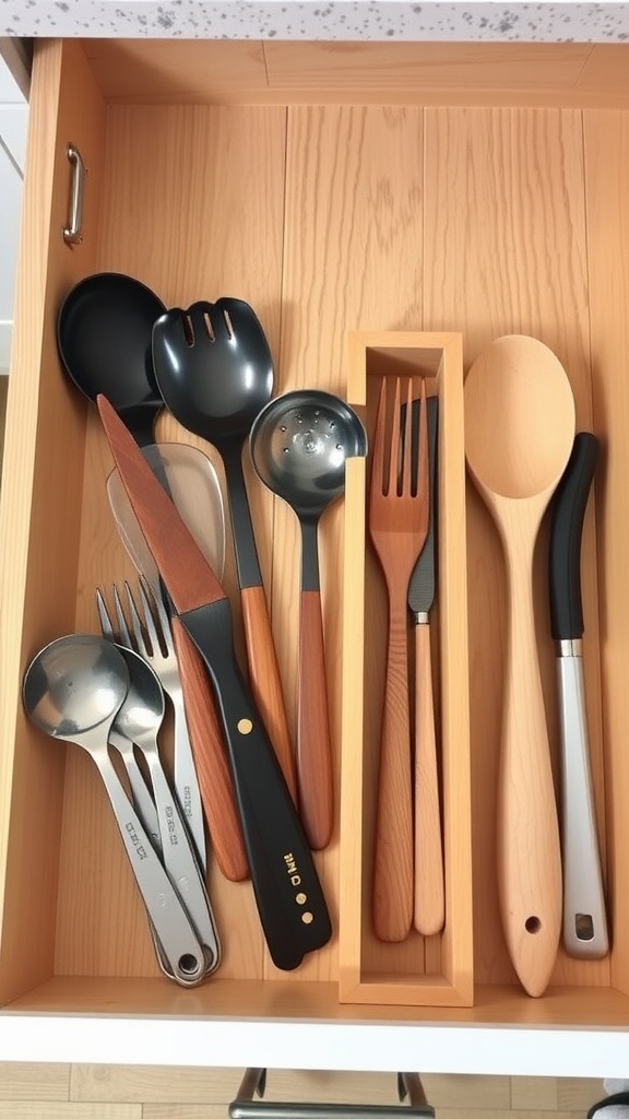 An organized wooden kitchen drawer with various utensils and a wooden divider