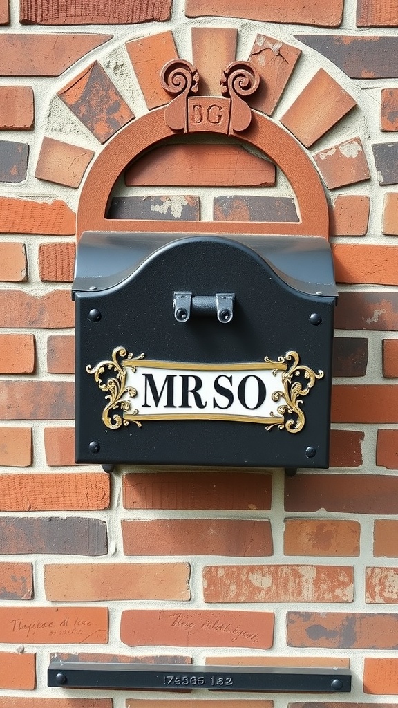 A brick mailbox with a customized nameplate reading 'MR SO', featuring decorative elements and a stylish arch.