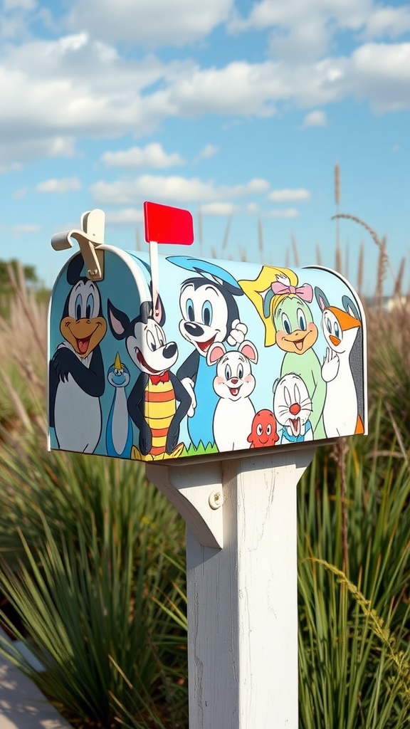 A colorful mailbox decorated with cartoon characters