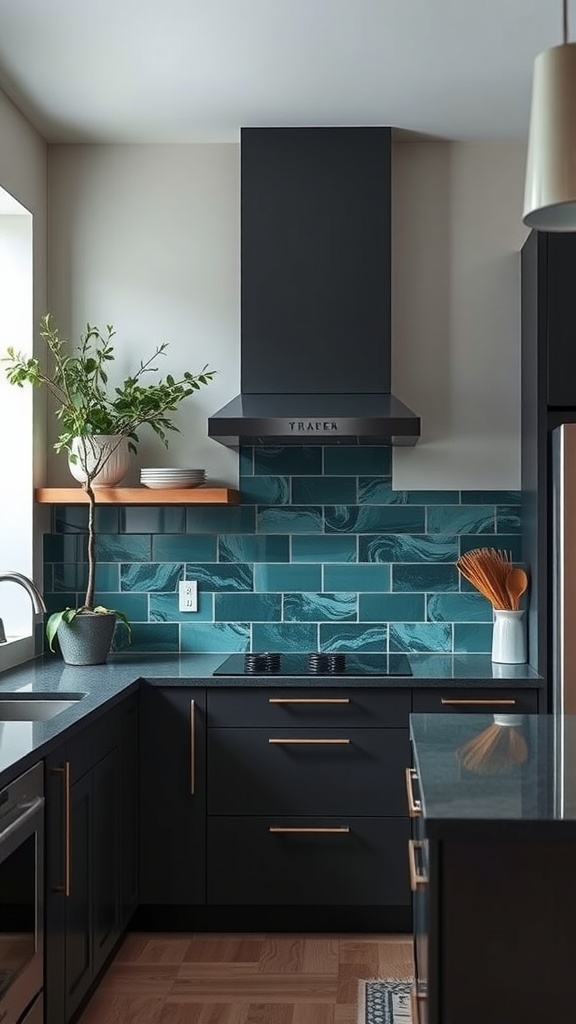 Dark teal marbled backsplash with dark kitchen cabinets and plants.