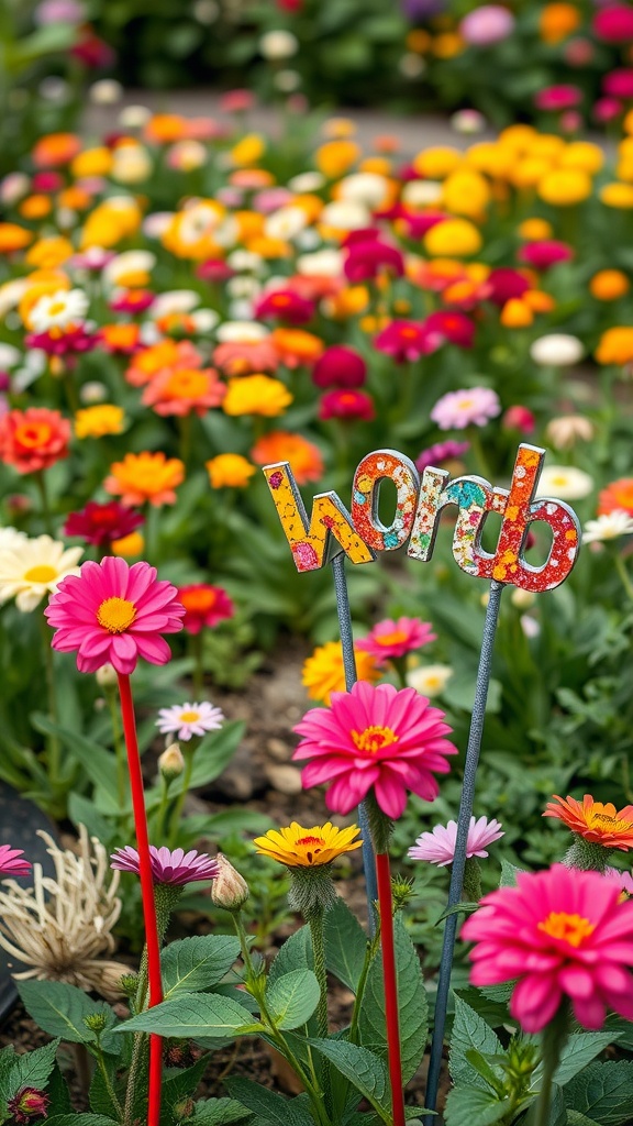 Colorful flowers with decorative garden stakes in a garden