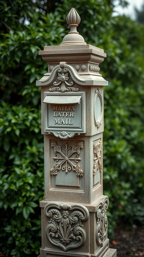 A decorative stone mailbox post featuring intricate carvings and a classic design, surrounded by green foliage.