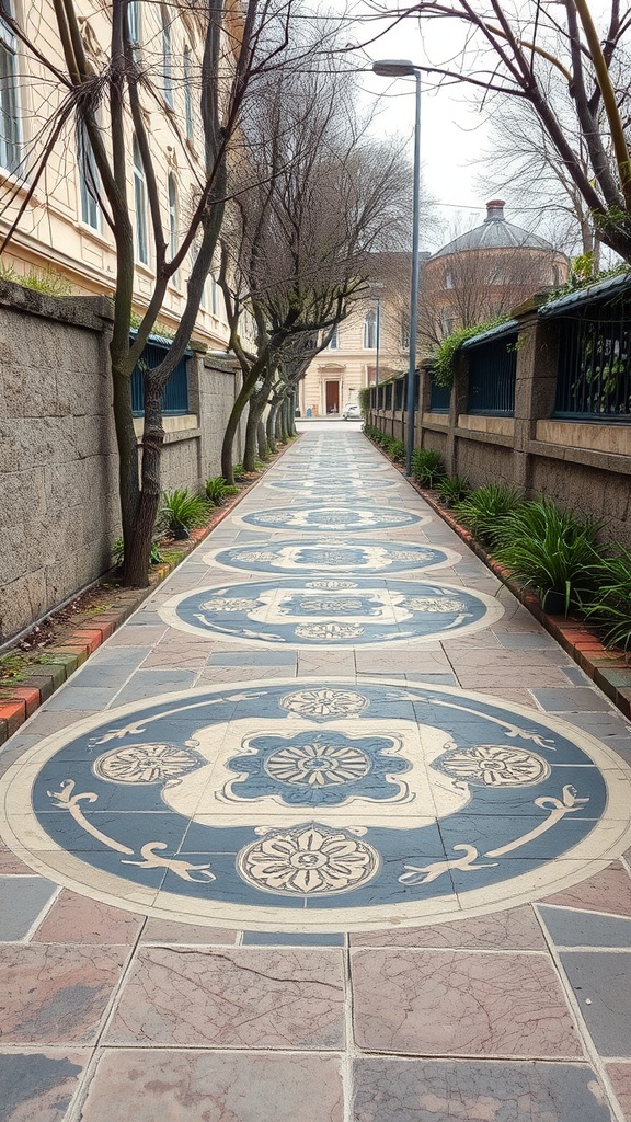 A decorative stone pathway with patterned stones lined by trees and greenery.