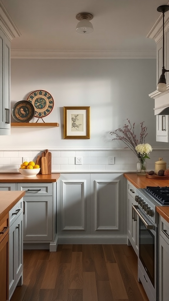 A kitchen with decorative wainscoting, light gray walls, wooden countertops, and decorative plates.