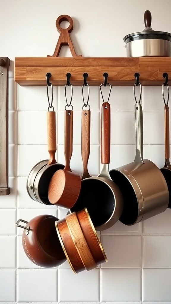 Wooden pot holders displaying various pots and utensils against a white tiled wall.