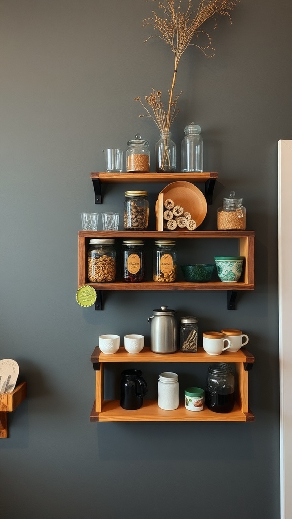 Decorative wooden wall shelves in a kitchen displaying jars, bowls, and mugs.