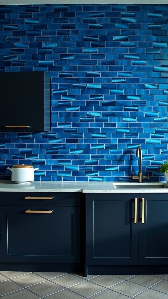 A kitchen featuring a deep blue shimmering glass backsplash with dark cabinets and gold hardware.