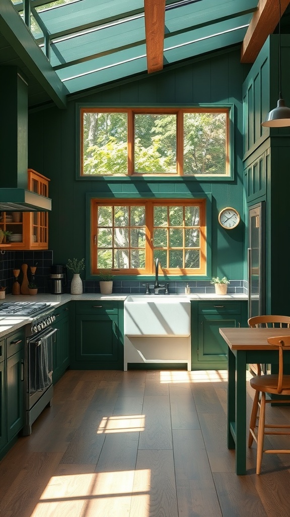 A kitchen with deep forest green walls, wooden beams, and a white farmhouse sink, filled with natural light.