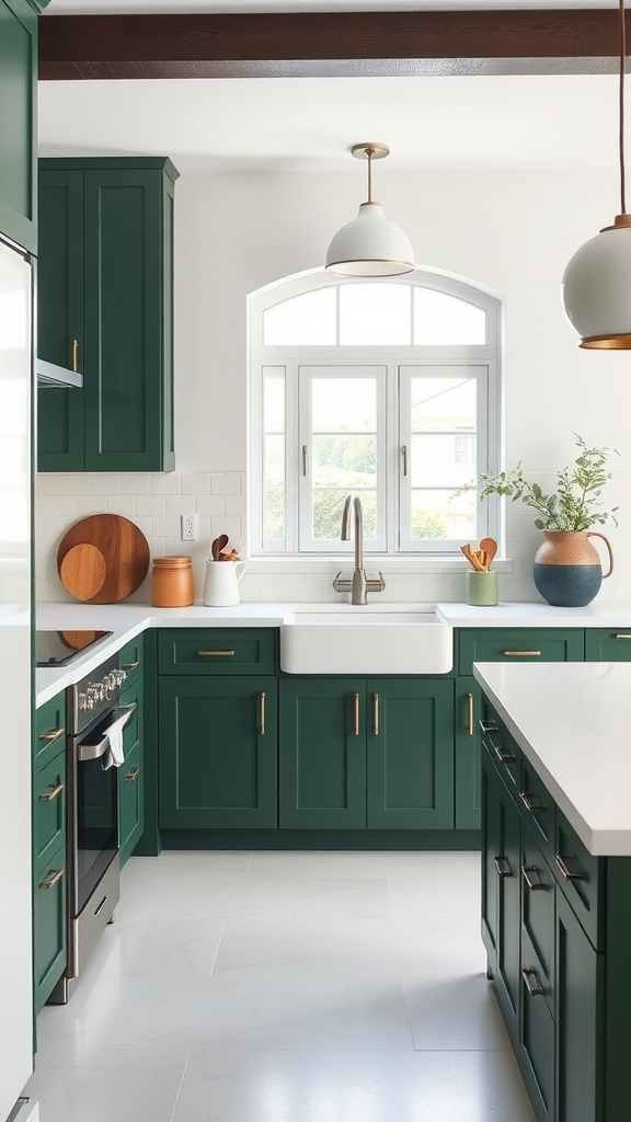 A kitchen featuring deep green cabinets with white countertops and natural wood accents.