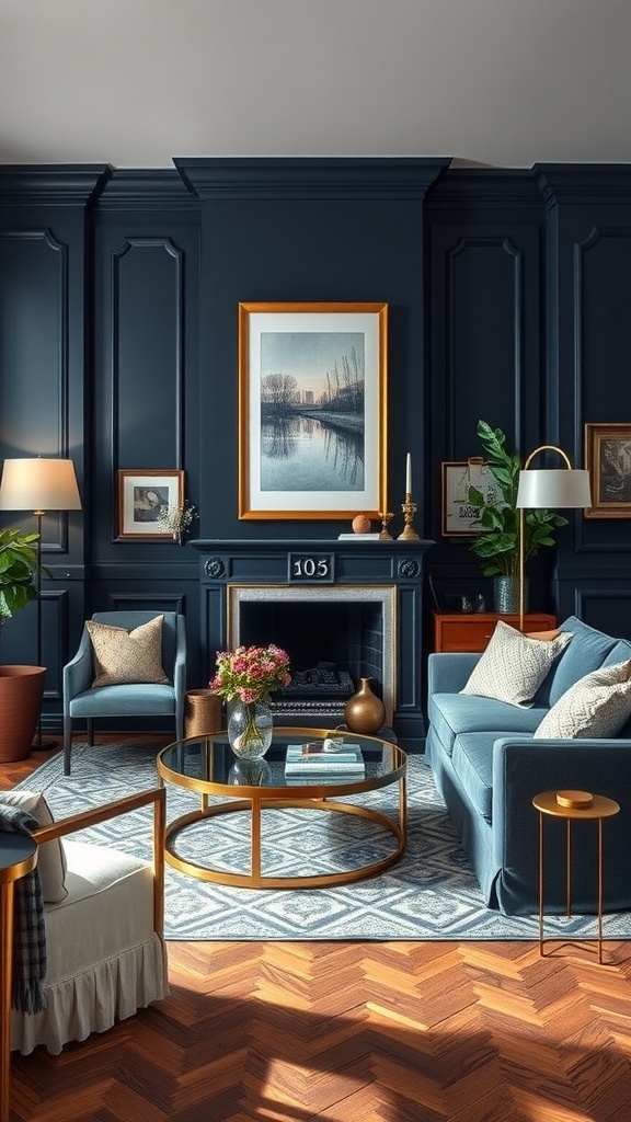 A cozy living room featuring deep navy blue walls, elegant furniture, and decorative elements.