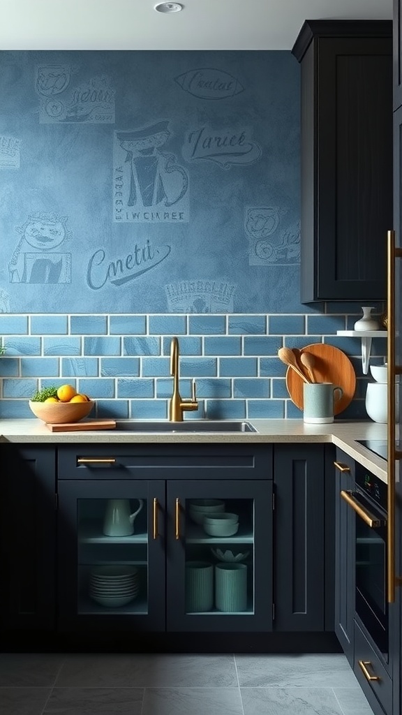 A modern kitchen featuring a denim blue painted wall, dark cabinets, and a light blue backsplash with playful sketches.