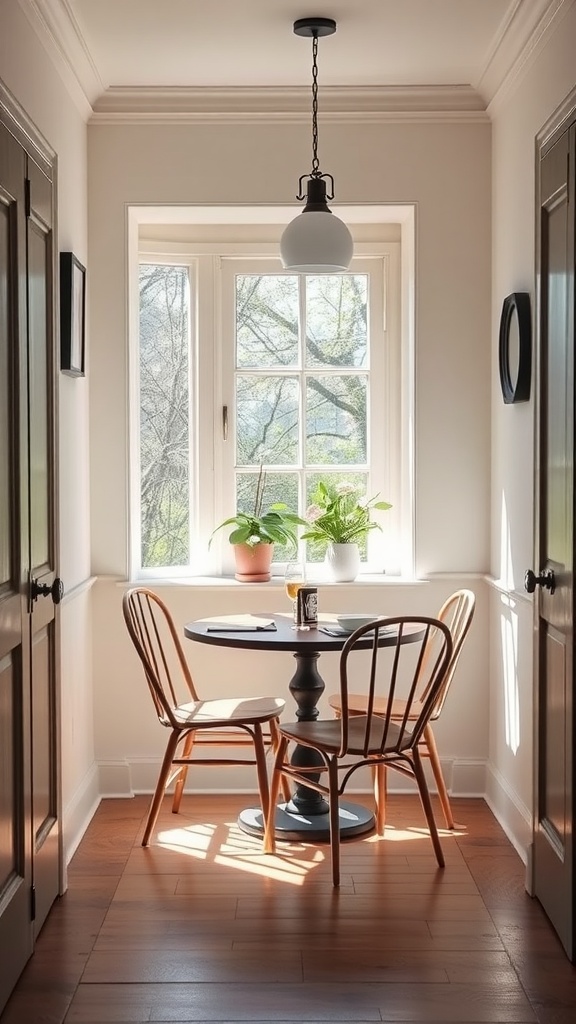 A cozy breakfast nook with a round table, two wooden chairs, and potted plants in a well-lit space.