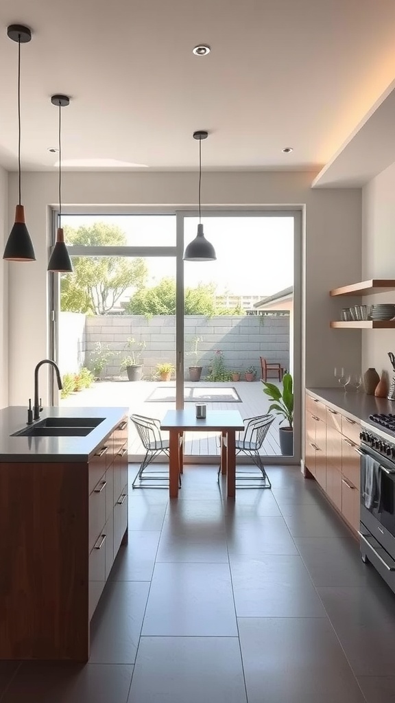 A modern kitchen with large windows overlooking an outdoor area, featuring wooden cabinetry and a spacious layout.