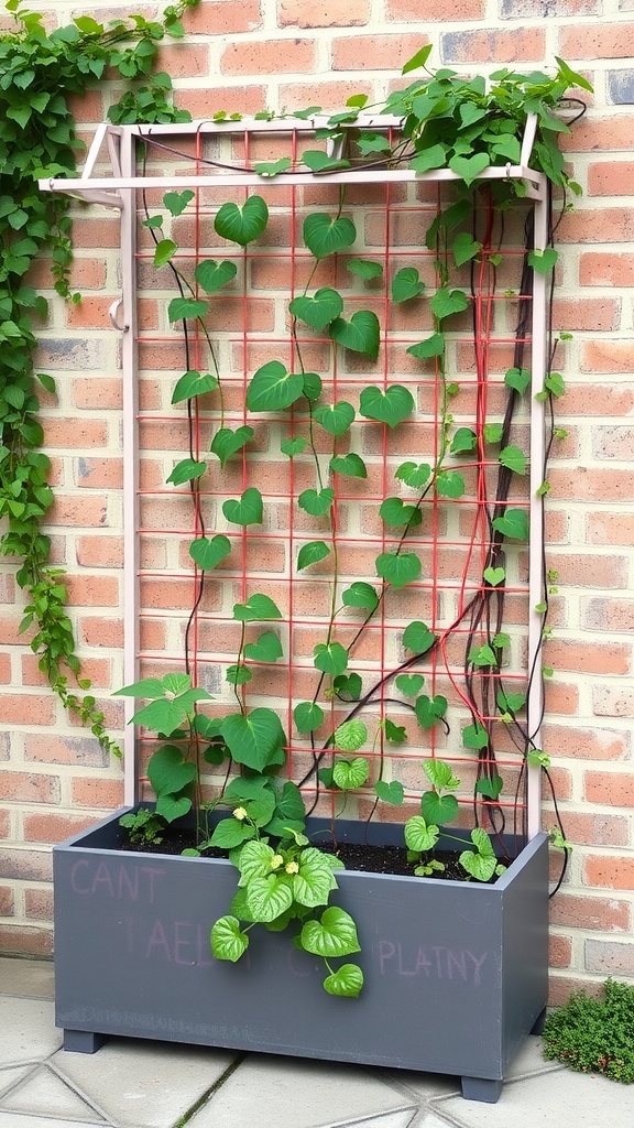 A DIY garden trellis planter featuring climbing plants and a gray planter box.