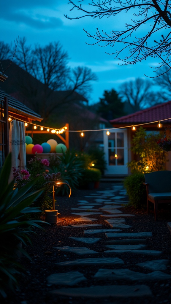 A scenic outdoor pathway illuminated with string lights and solar lights, showcasing a cozy and inviting atmosphere.