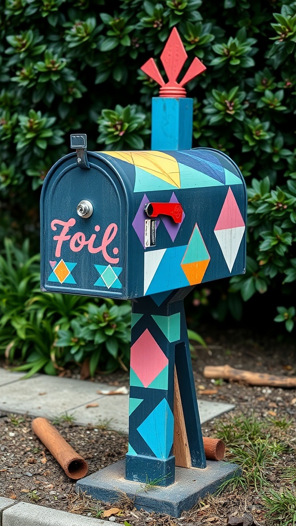 A colorful, painted mailbox with geometric patterns and the word 'Foil' on it, set against a lush green background.