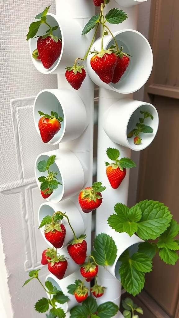 Vertical PVC pipe planter filled with strawberries