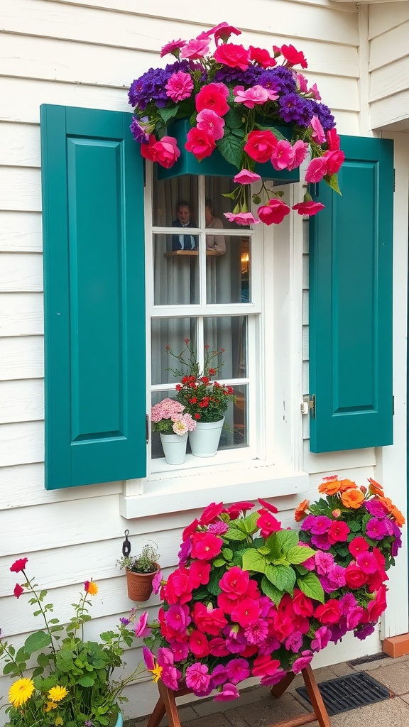 A charming window with teal shutters, featuring vibrant flower boxes filled with colorful blooms.