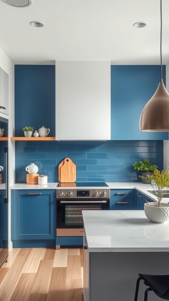 A kitchen with a dramatic blue feature wall, featuring blue cabinetry, a blue backsplash, and wooden shelves.