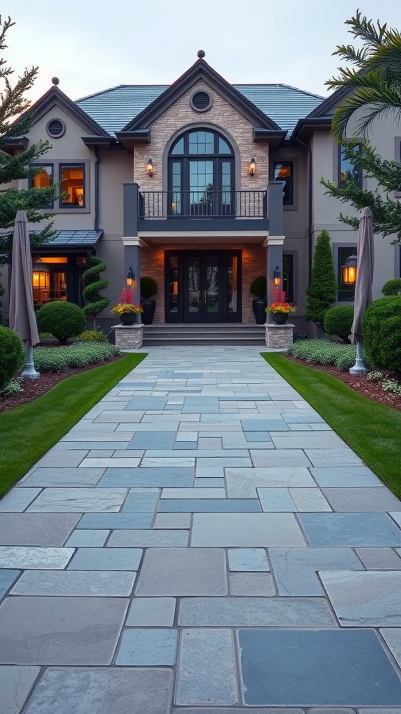 A flagstone walkway leading to an elegant home with a well-designed landscape.