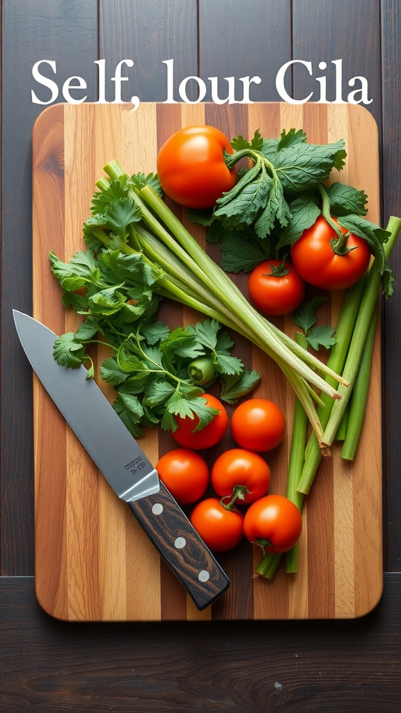 A wooden cutting board with fresh tomatoes, celery, and cilantro, accompanied by a knife.