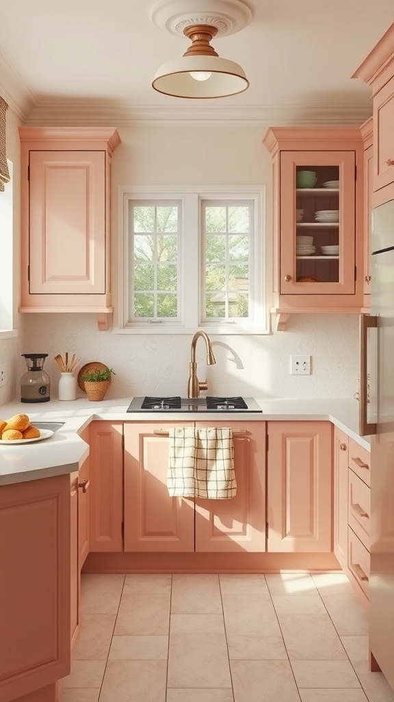 A cozy kitchen featuring dusty rose cabinets and cream countertops, with natural light coming through the windows.