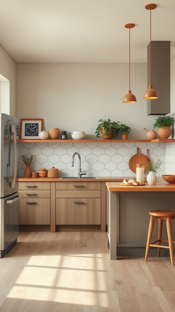 A kitchen featuring earthy taupe walls, wooden cabinets, hexagonal backsplash, and warm pendant lighting.