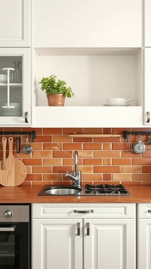 A kitchen with earthy terracotta tile backsplash, white cabinets, and wooden countertops.