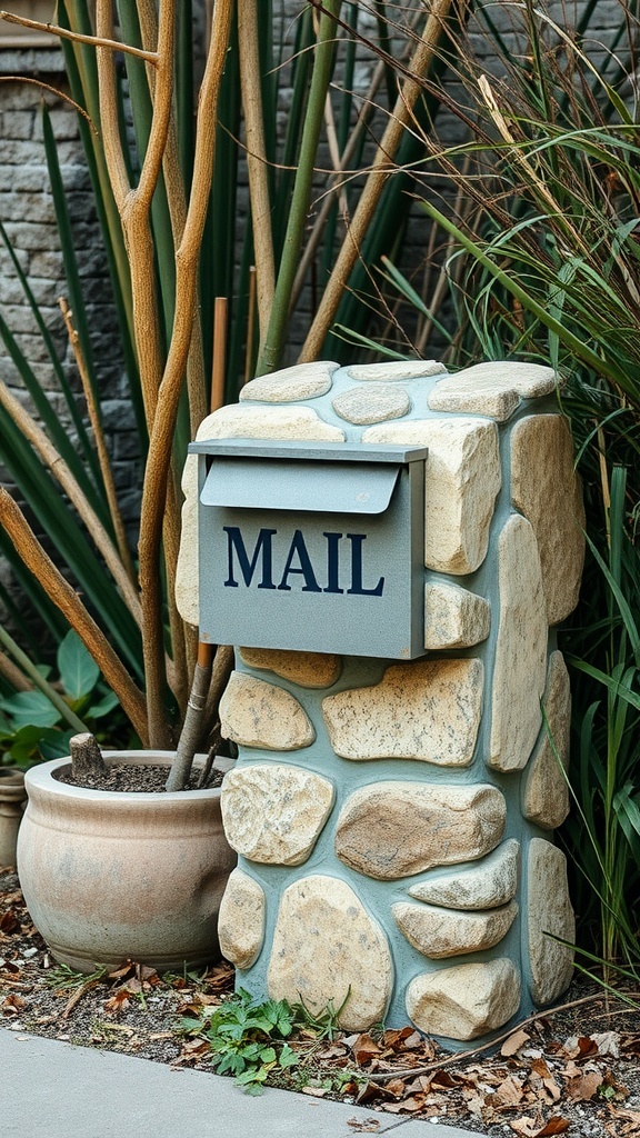 A brick mailbox made from natural stone in earthy tones, surrounded by green plants.