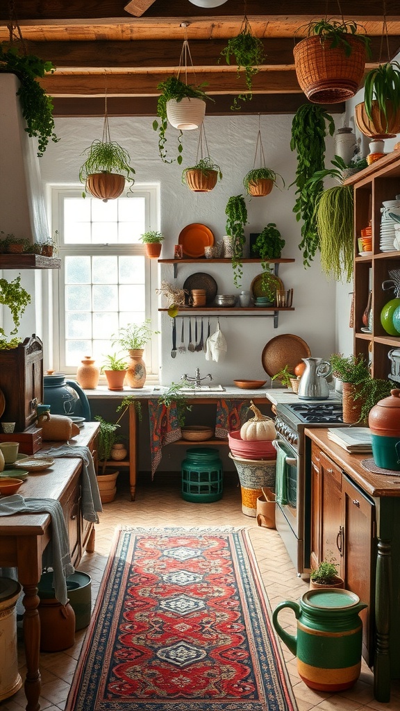 A cozy kitchen filled with plants, colorful dishware, and a patterned rug, showcasing eclectic bohemian decor.