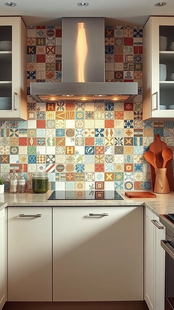 A colorful and eclectic tile backsplash in a modern kitchen with neutral cabinets and a stainless steel hood.