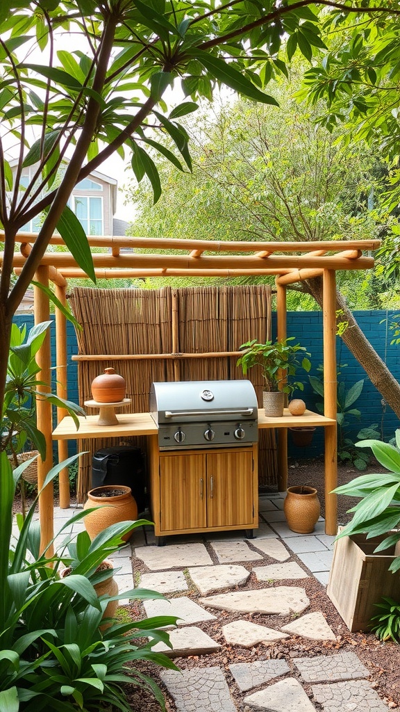 Eco-friendly bamboo grill gazebo with a grill and surrounding plants.