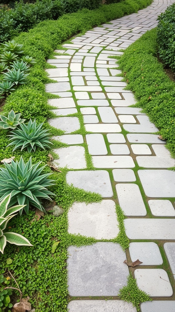 A winding flagstone walkway surrounded by lush green ground cover and plants.