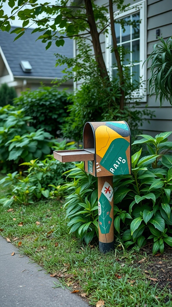 A colorful eco-friendly mailbox made from recycled materials, surrounded by green plants and a house in the background.