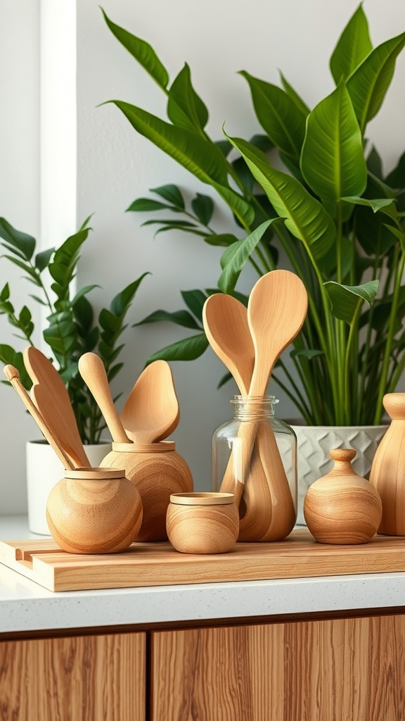 A collection of wooden kitchen utensils and containers displayed on a countertop with greenery in the background.