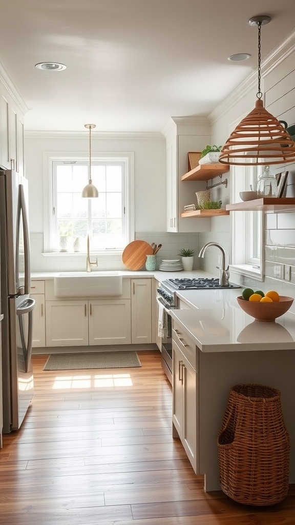 A bright beach house kitchen featuring efficient storage solutions with open shelving and a wicker basket for fruit.