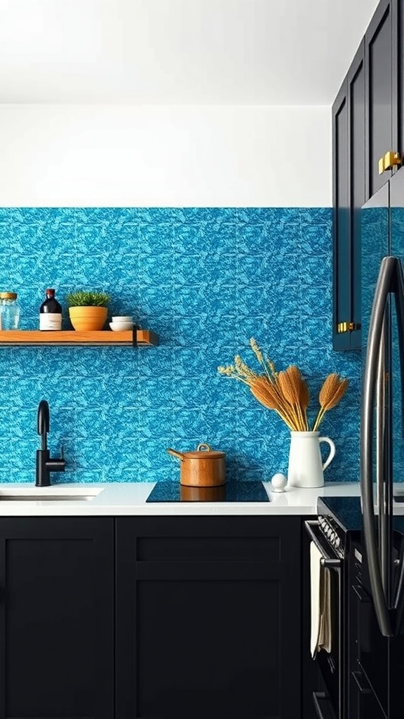 A modern kitchen showcasing electric blue glitter tiles as a backsplash with dark cabinets.